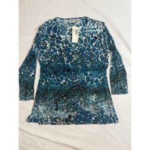 Chico's Travelers Size 1 One Top Stretch Low V Cut Shirt Blouse Teal White NWT